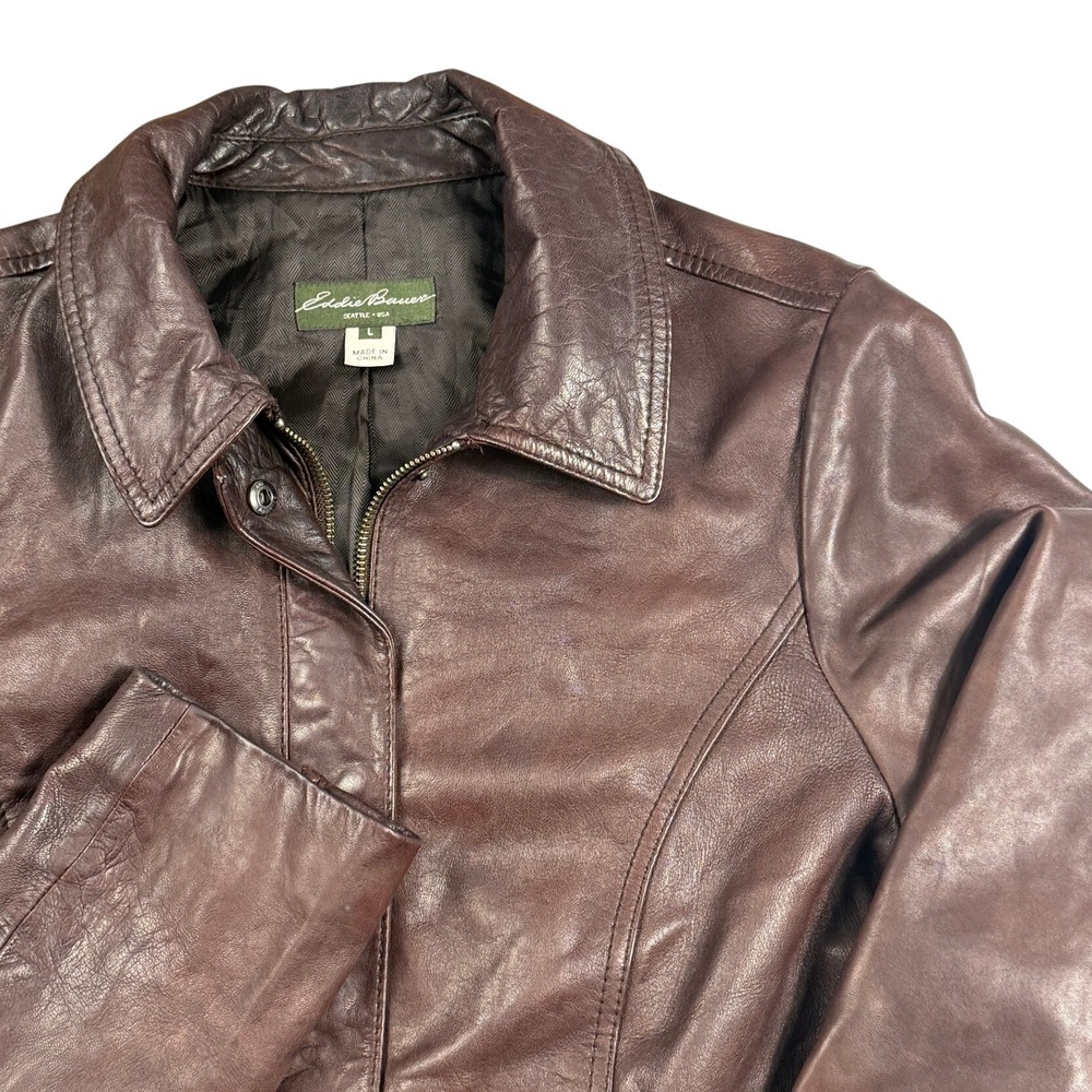 Vintage Eddie Bauer Brown Leather Jacket Zip/Button Front Classic Field Coat Lg